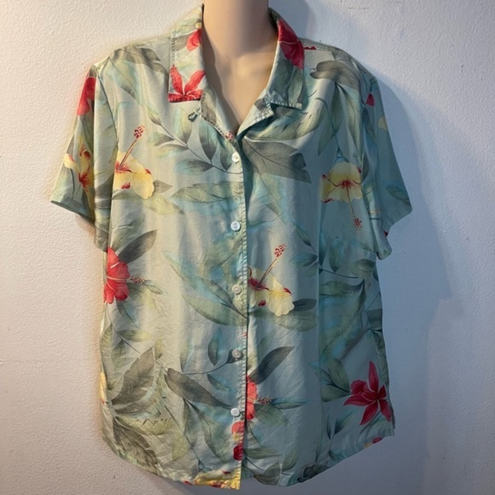 LINDEN HILL Womens 100% Silk Shirt Blouse SZ 1X Green Floral Button Up Resort.